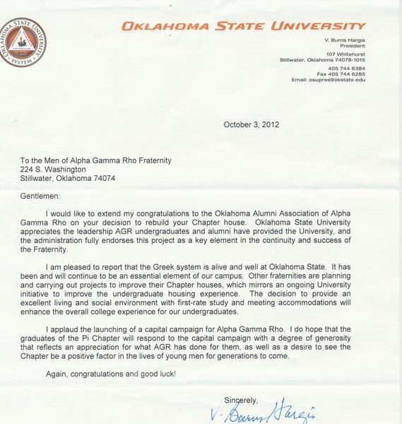 Letter from President Hargis to Alpha Gamma Rho